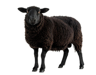 Fototapeta premium A beautiful dark-coated sheep stands calmly, its expressive eyes reflecting a gentle and curious nature.