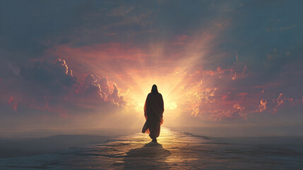 Back view of Jesus Christ walking on a quiet path toward the horizon, illuminated by divine light, concept of faith, surrender, and heavenly return