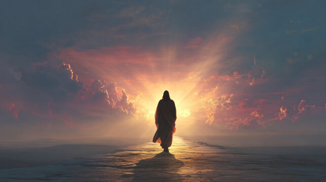 Back view of Jesus Christ walking on a quiet path toward the horizon, illuminated by divine light, concept of faith, surrender, and heavenly return