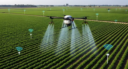 A drone sprays crops in a field, showcasing modern agricultural technology.