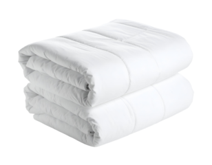 Beautifully folded white quilted comforters stacked, providing luxurious comfort and warmth.