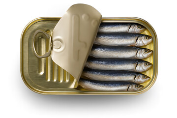 Opened Can of Sardines with Five Whole Fish Preserved in Oil on White Background for Seafood Concept