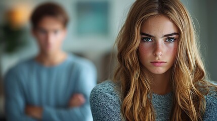 Angry girl gazes blurred boy retreats