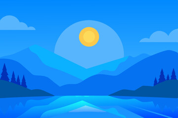 Serene Sunset Landscape Mountains, Lake, and Sky in Blue Hues