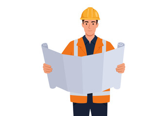 A construction worker in a hard hat and safety vest reads a blueprint