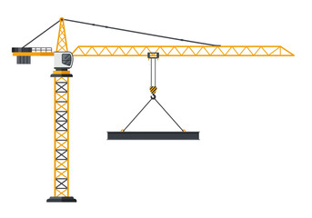 A crane lifts a metal beam showing construction equipment against a white background