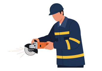A worker in safety gear is grinding metal with an angle grinder