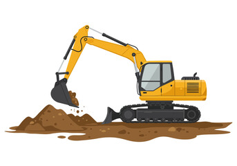 A yellow excavator digs into a pile of dirt on a construction site with a blade on the ground