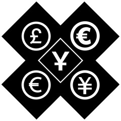 Obraz premium Currency symbols arranged in a cross shape silhouette vector illustration