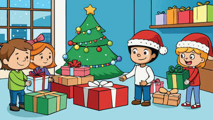 Joyful Kids Unwrapping Christmas Gifts.