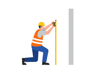 Construction worker measuring wall with tape measure