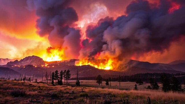 A catastrophic wildfire rages across a mountain landscape, with towering plumes of smoke against a vibrant sky. Flames devour the trees, highlighting the immense power of nature