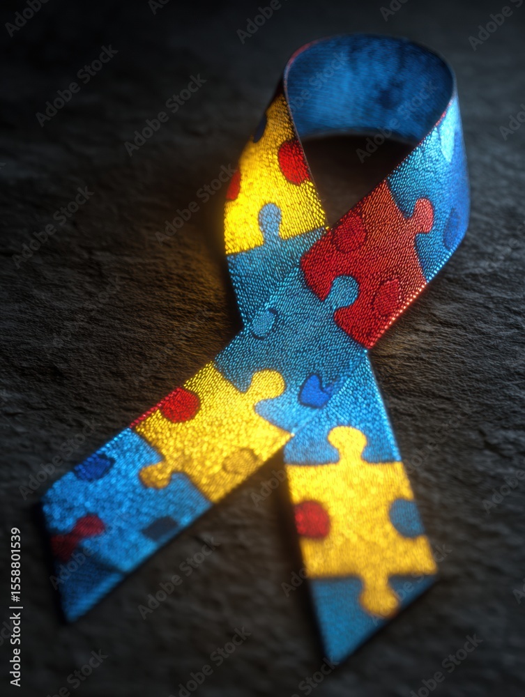 Poster Puzzle Ribbon Glowing in Center of Colorful Abstract Brain Creating a Vibrant Representation of Creativity and Awareness