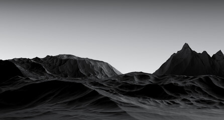 Black mountains,rocky gloomy landscape,abstract mountain landscape black and gray, minimalist, gloomy. Black stone relief cliffs. 3D render.