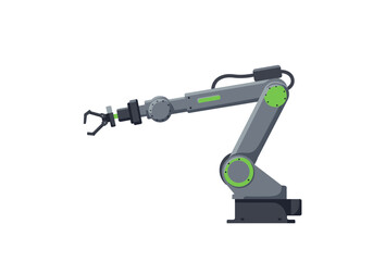 Gray robotic arm featuring a pincer grip and green accents