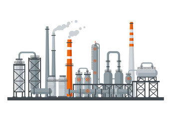 Oil refinery with tall smokestacks emitting gray vapor various tanks and interconnected pipelines on a dark gray ground