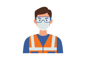 Person in PPE blue shirt orange safety vest glasses and face mask