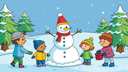 Kids Making Snowman in Snowy Pine Forest.