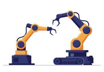 Two cartoonish industrial robots one with tracks face each other with gripping claws poised against a plain white backdrop