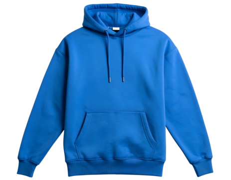 A vibrant blue pullover hoodie with a drawstring and front pocket showcases casual comfort and modern style.