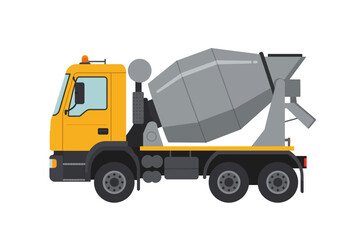 Fototapeta premium Yellow gray cement mixer truck driverside view on a white background