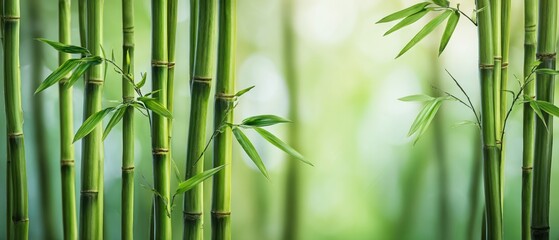 The elegant bamboo forest with vibrant green stalks and soft background.
