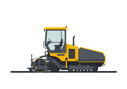 Yellow and grey asphalt paver with cab and rolling compactor on dark grey surface