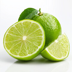Close up shot of a vibrant green lime wedge, showing its juicy pulp and thin peel. Isolated against a clean white background with a subtle reflection.
