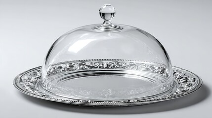Elegant silver serving platter with glass dome cover for food presentation and table decor display style