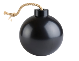 A traditional black spherical bomb with a long, braided fuse symbolizing imminent danger.