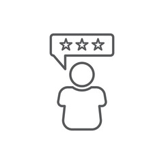 Line style icon of a person with a speech bubble showing stars, symbolizing user review, customer rating, or positive feedback