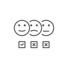 Line style icon of emoji faces with check and cross marks, representing customer satisfaction, feedback, survey results, and service rating