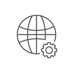Line style icon of a globe with a gear, representing global settings, international network, or worldwide optimization