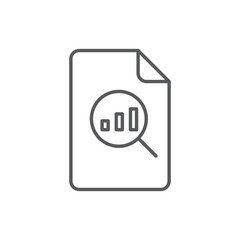 Line style icon of a document with a magnifying glass over a bar chart, representing data analysis, report investigation, or financial audit