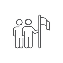 Line style icon of two people placing a flag, symbolizing teamwork, shared goals, leadership, and successful collaboration