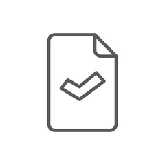 Line style icon of a document with a check mark, indicating approved files, verified reports, or completed paperwork