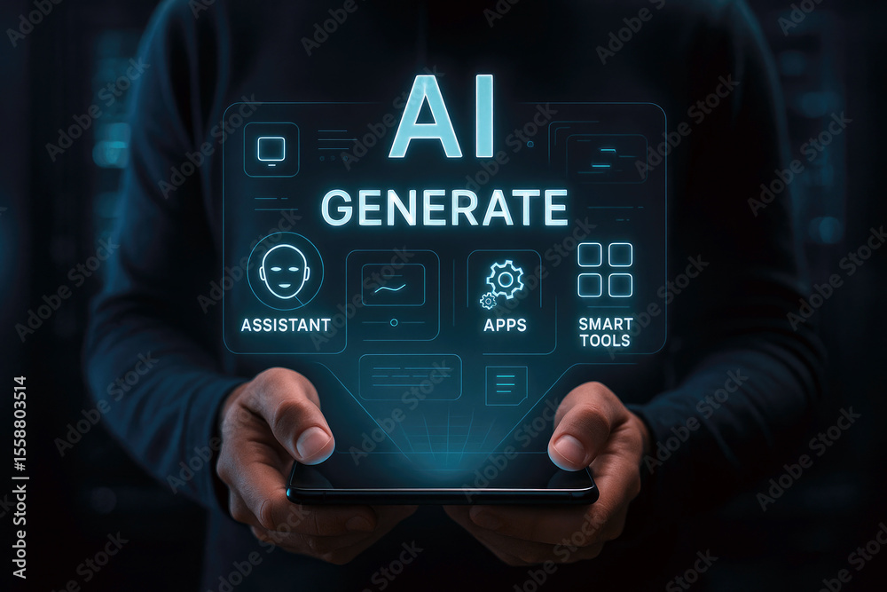 Poster futuristic ai interface displaying generation options and smart tools artificial intelligence