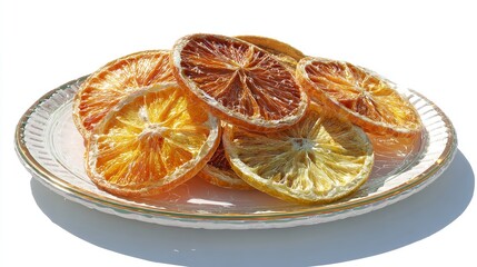 Dried citrus slices on plate, dehydrated orange lemon fruit food photography, healthy snack, vitamin c rich