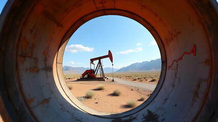 Fisheye Lens View of Barrel Graph in Desert