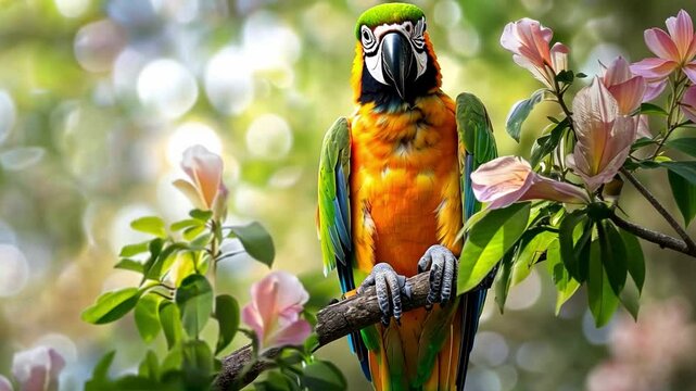 A vibrant parrot perched on a branch amidst blooming flowers, a burst of color and life. The parrot's plumage is a stunning mix of bright hues, complemented by the soft pink of the blossoms