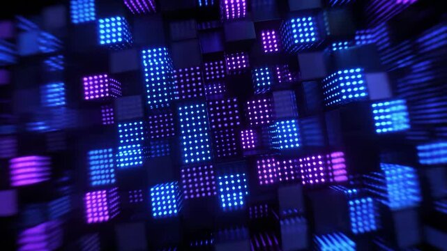 Futuristic Blue and Purple Neon Cube Grid with LED Dot Matrix Pattern for Electronic Music Visualizer and Nightclub VJ Loop Animation