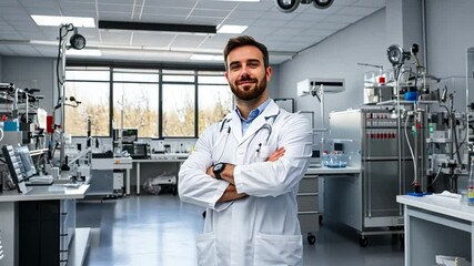 A doctor standing confidently in a modern laboratory. A healthcare professional posing proudly in his work environment.