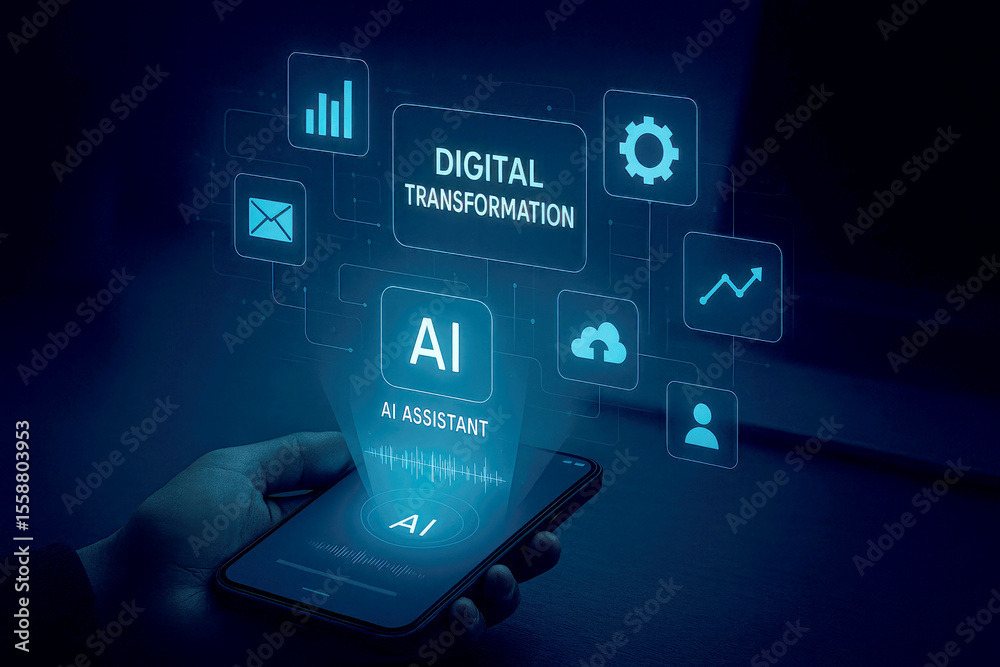Poster futuristic artificial intelligence interface displaying digital transformation and analytics