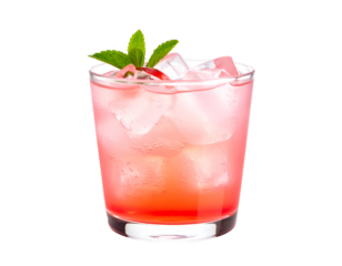 A vibrant, refreshing pink and red drink, garnished with crisp mint leaves and sparkling ice.