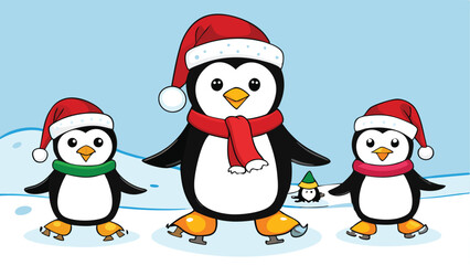 Penguin Family Wearing Santa Hats Ice Skating.