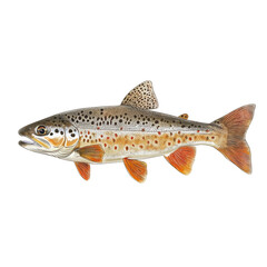 Detailed illustration of a brown trout fish showing its scales fins and spots on a black background