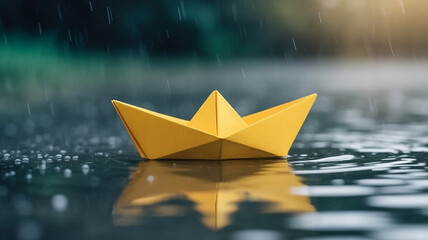 A bright yellow paper boat floats on water during a gentle rain shower
