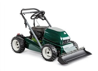 Fototapeta premium Green lawn aerator with large wheels and a seat for comfortable operation on uneven terrain.