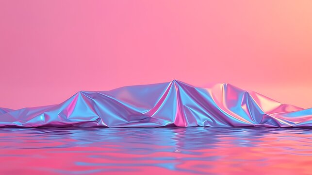 A surreal landscape with metallic, iridescent mountains reflecting on calm water under a pink and orange gradient sky.
