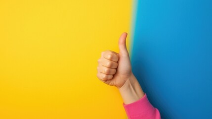 Vibrant colorful studio backdrop with a human hand giving a thumbs up gesture in a positive affirmative or successful concept  The image conveys a sense of optimism approval and encouragement